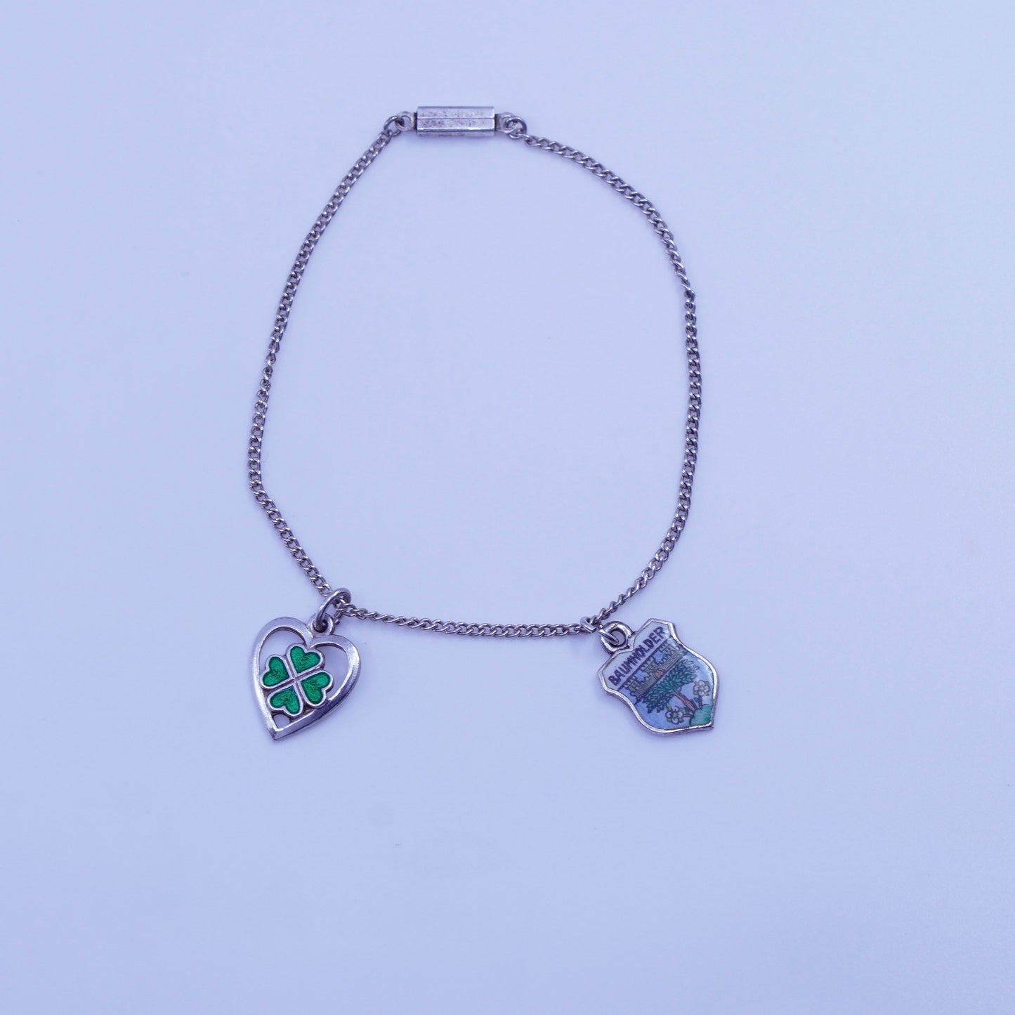 6.5”, Sterling 925 silver handmade bracelet, curb chain clover Baum charms