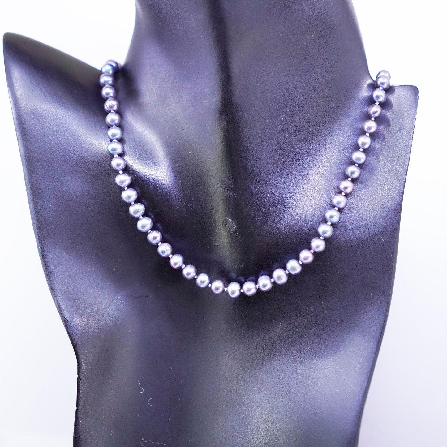 18”, vintage 6mm black pearl necklace with Sterling 925 silver clasp
