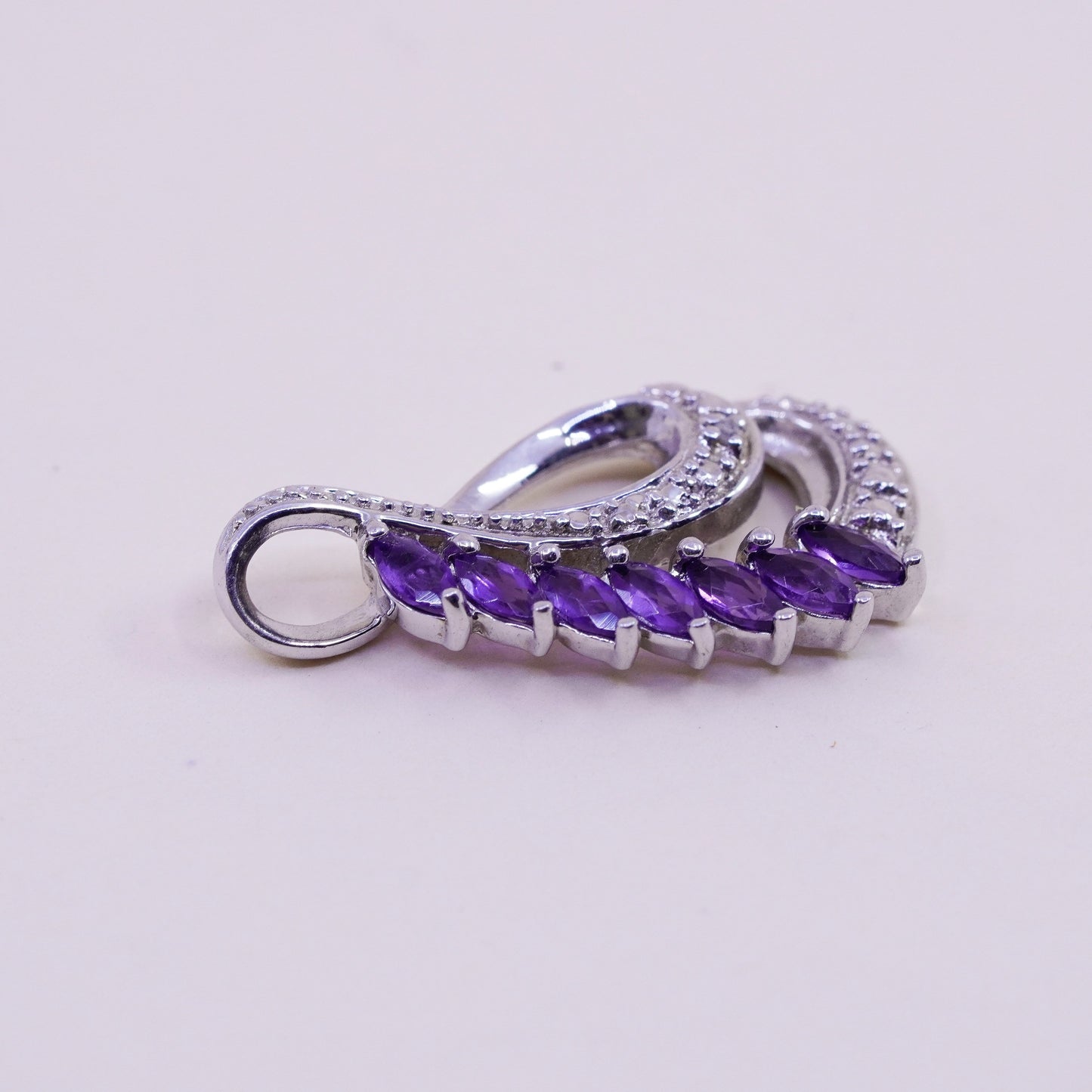 vintage sterling 925 silver teardrop pendant with amethyst and diamond