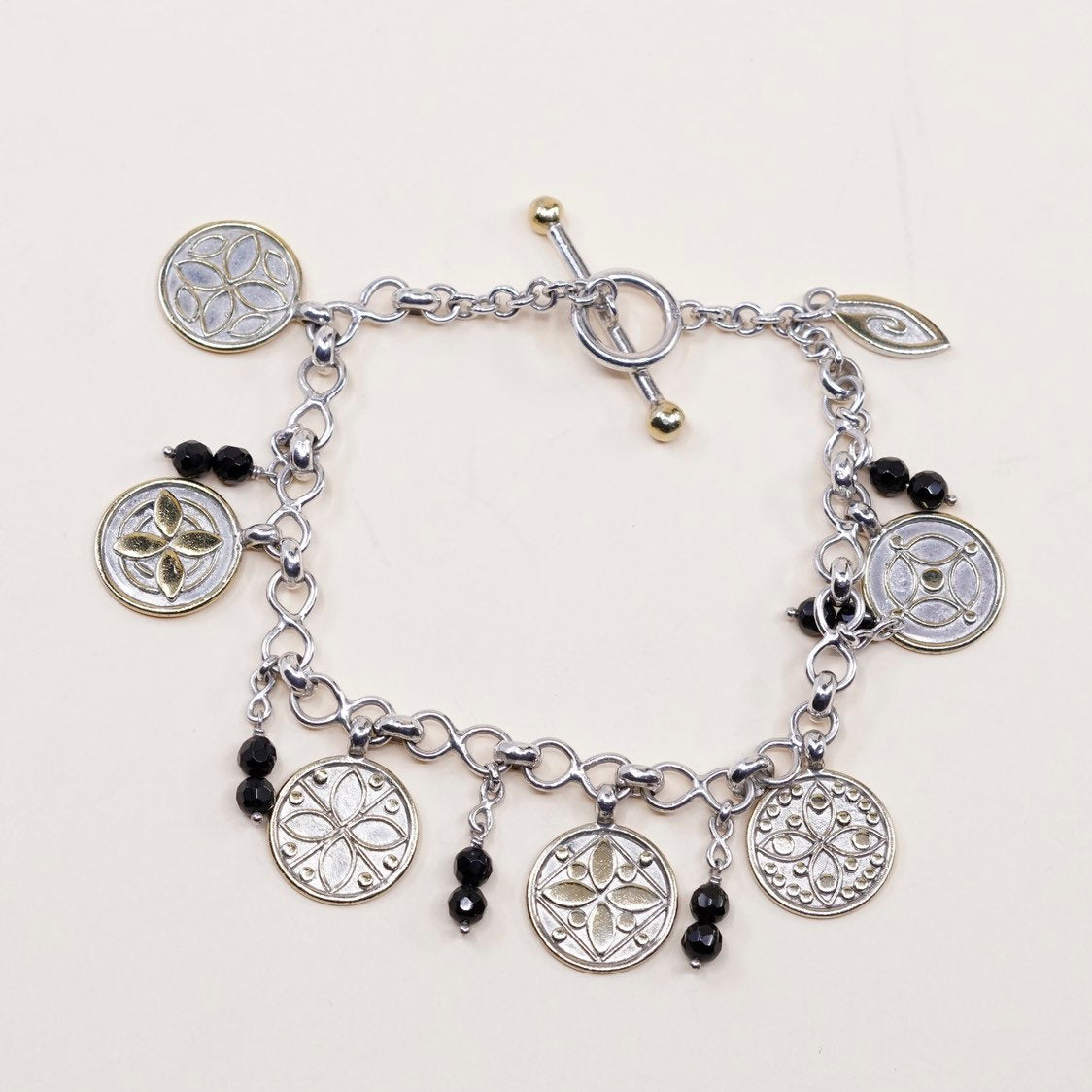 7.25”, VTG 22k gold sterling silver handmade bracelet, 925 circle disk chain