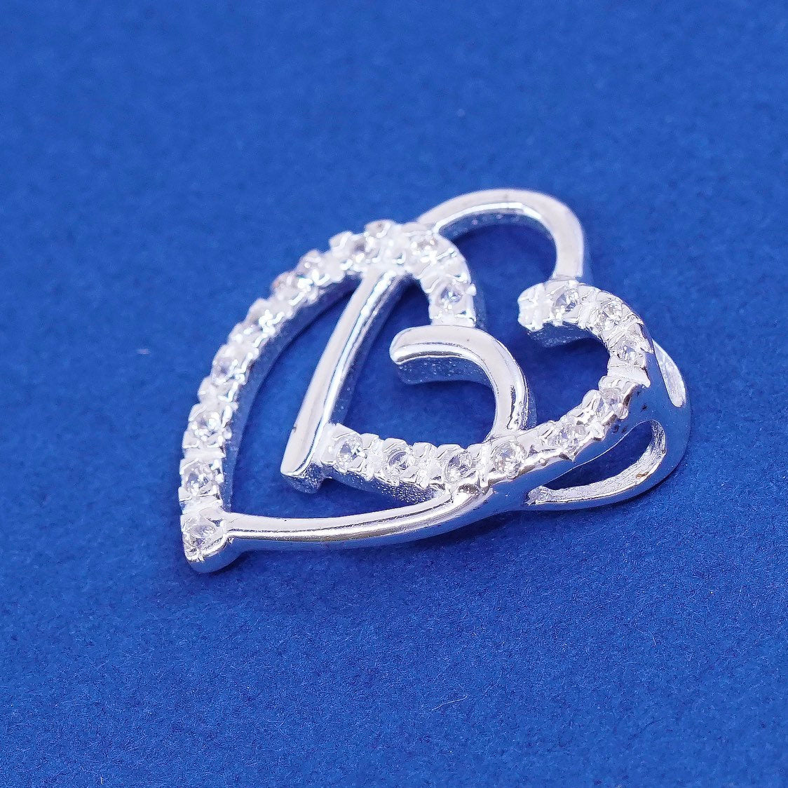 vtg Sterling silver handmade pendant, 925 double heart with cz, stamped 925