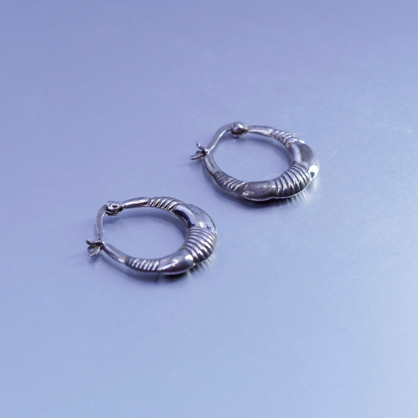 0.75”, vintage Sterling silver handmade earrings, ribbed 925 hoops