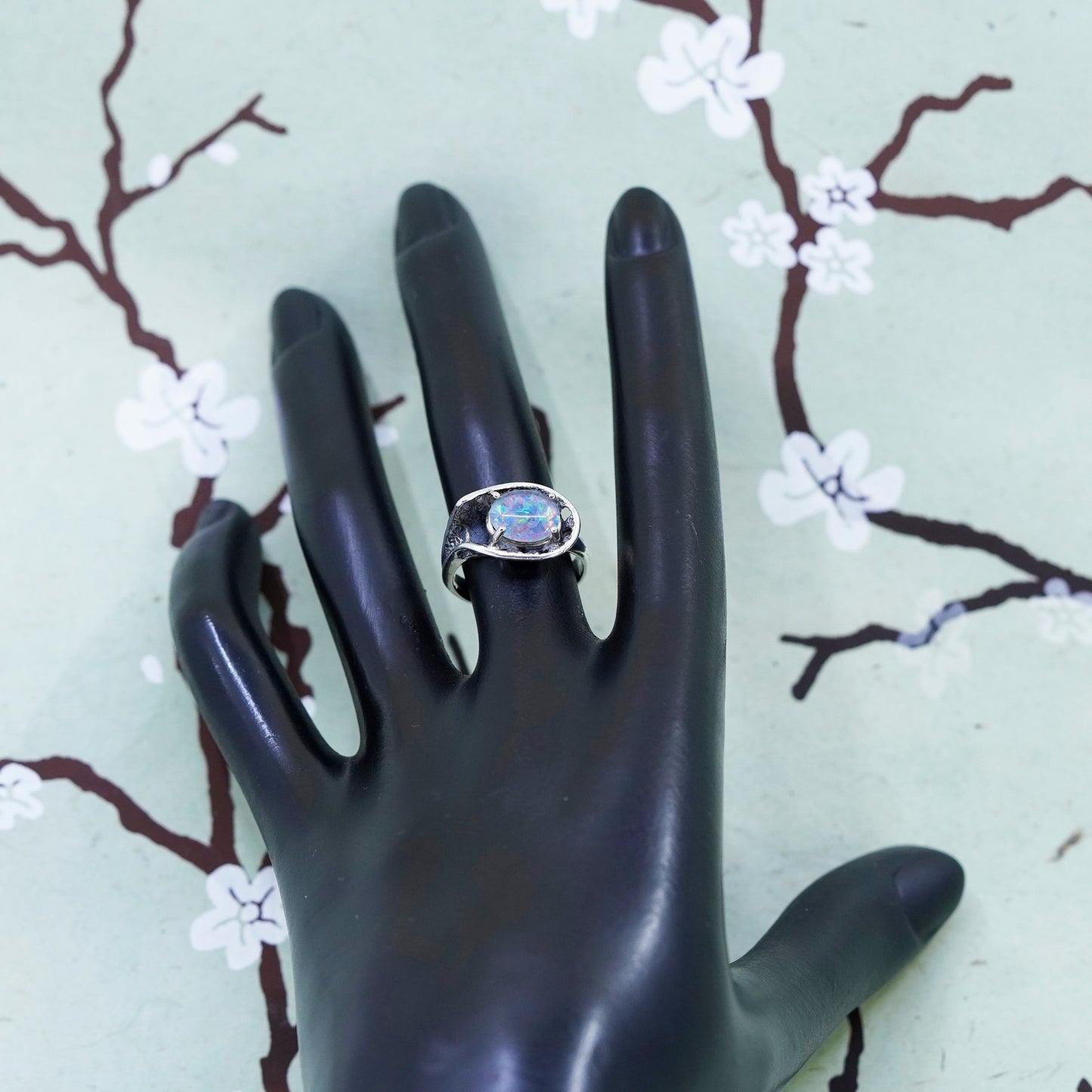 Size 6.5, Vintage Sterling silver handmade ring, 925 filigree band with opal