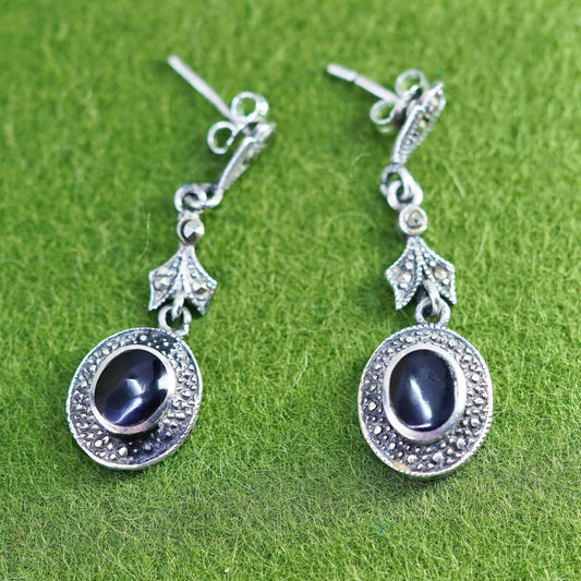 Vintage Sterling 925 silver handmade earrings with onyx and marcasite