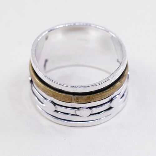 Sz 8, Vtg Two Tone Sterling Silver Handmade Ring, 925 Silver Spinner Band