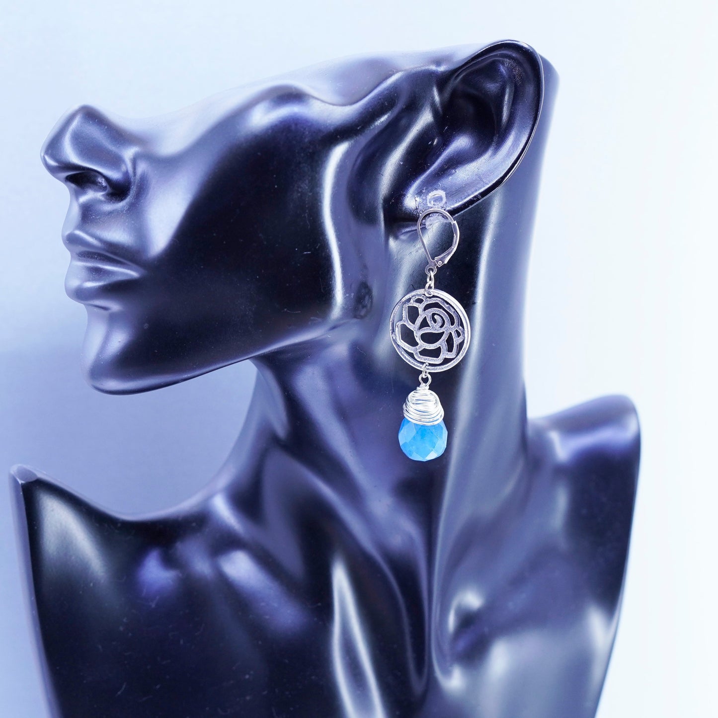 Sterling 925 silver handmade flower earrings with teardrop blue Grandidierite