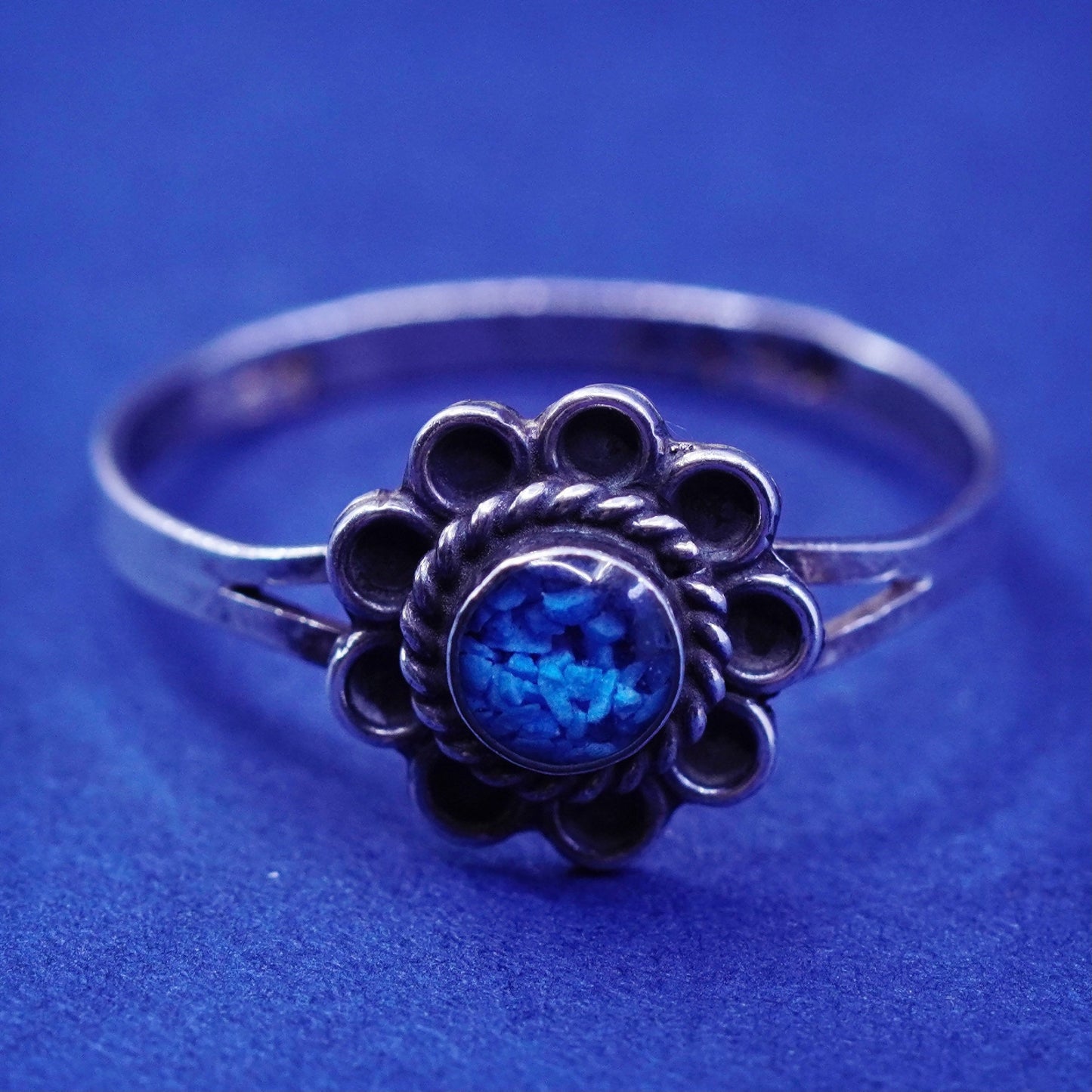 Size 7.25, Mexico sterling 925 silver handmade sub flower ring with opal