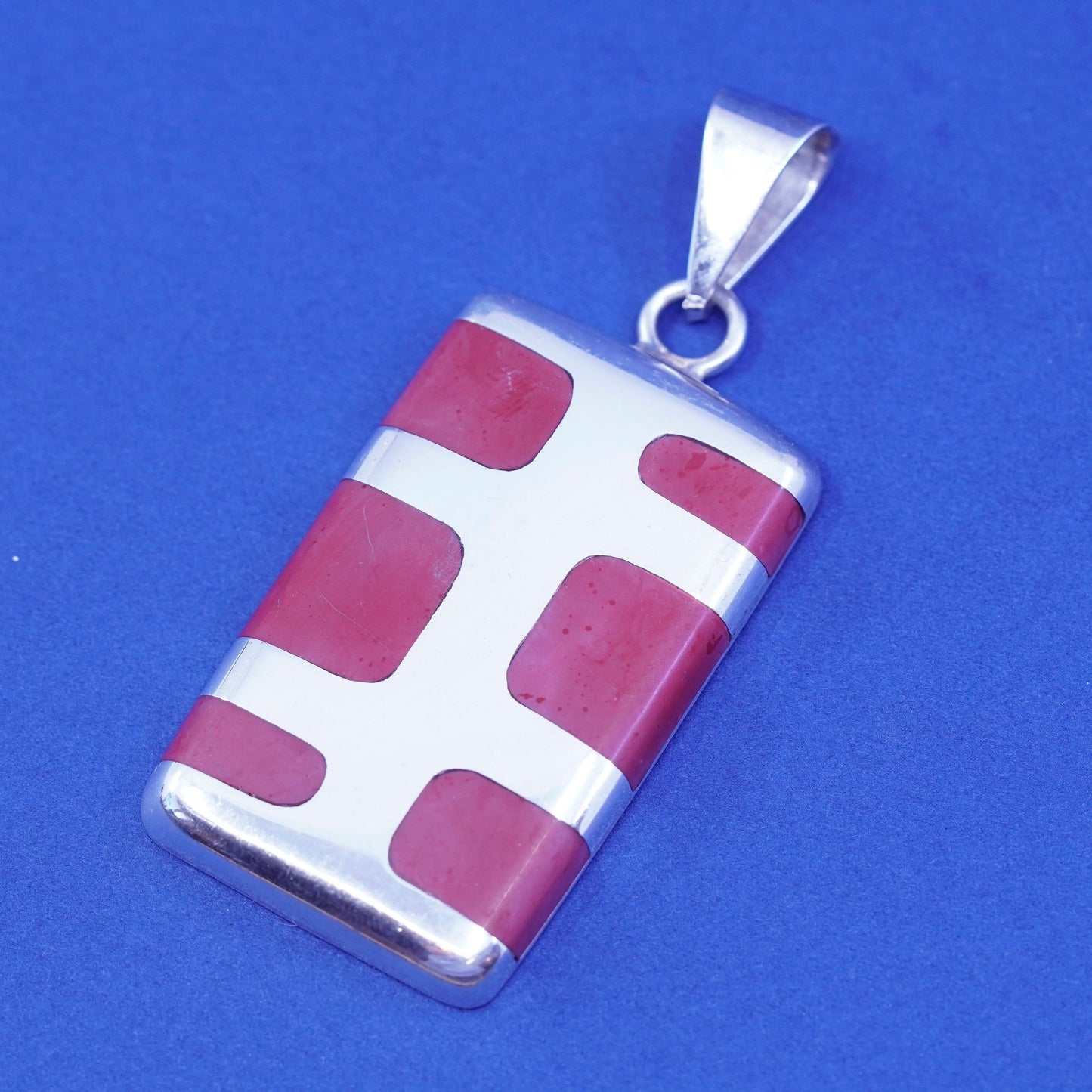 Vintage sterling silver handmade pendant, 925 square with red onyx inlay