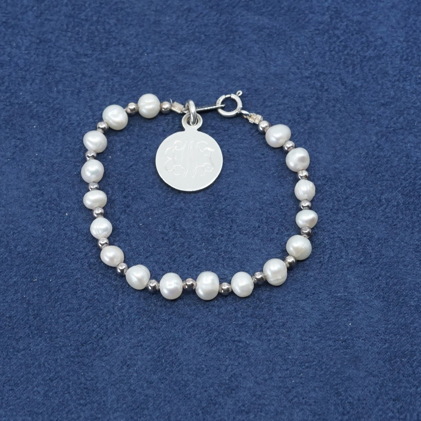5.5", Sterling silver handmade bracelet 925 charm engraved monogram “JWJ” pearl