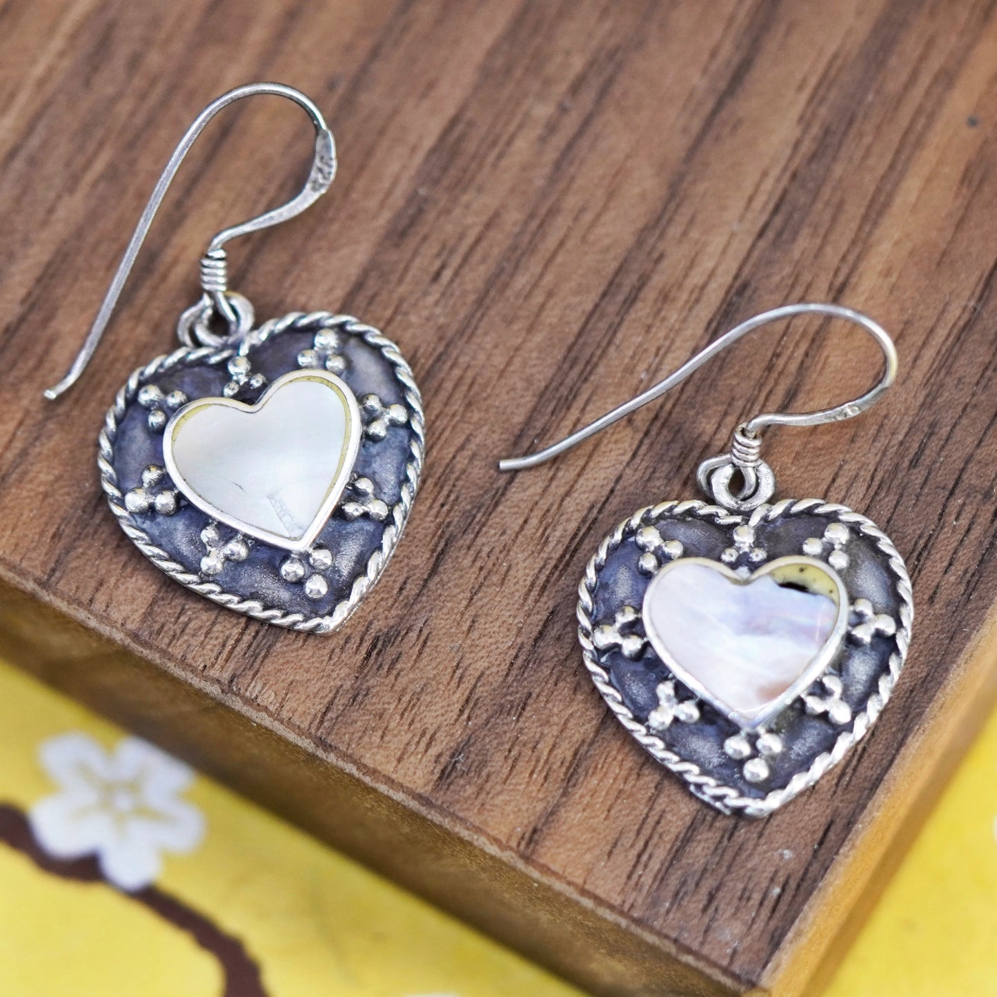 VTG Sterling 925 silver handmade earrings with heart mother of pearl and beads