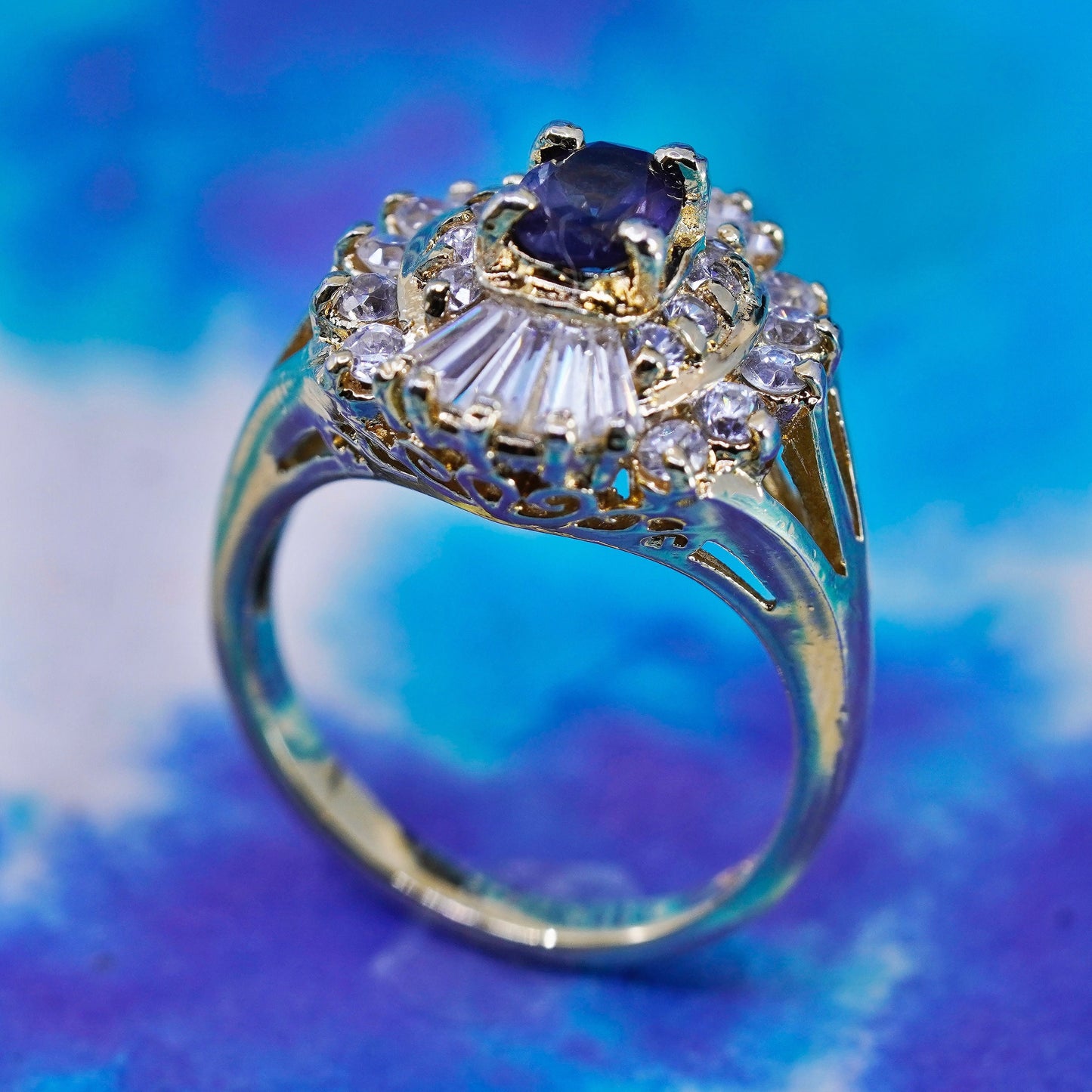Size 8, vintage vermeil gold over sterling 925 silver ring cluster cz sapphire
