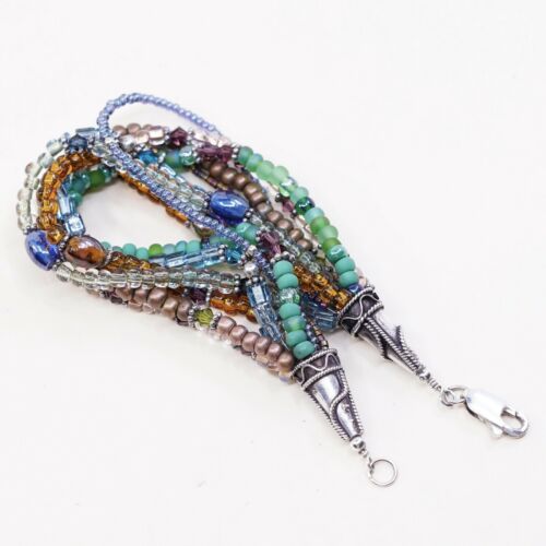 7.5”, Vtg Sterling Silver Handmade Bracelet, 925 Clasp W/ Colorful Beads