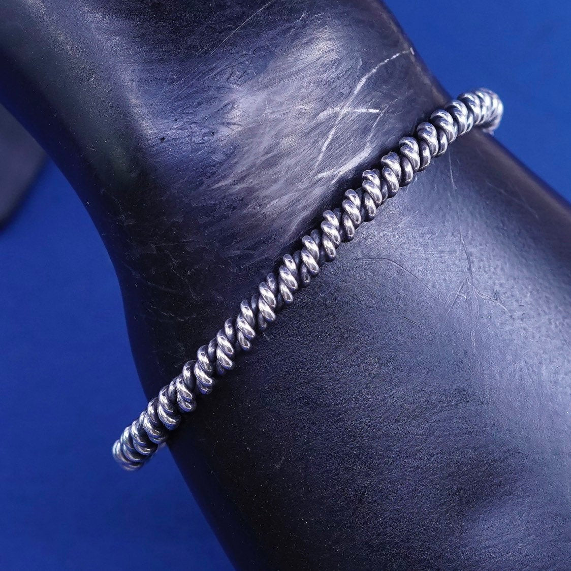 7", sterling silver handmade bracelet, 925 twisted cable cuff w/ obsidian beads