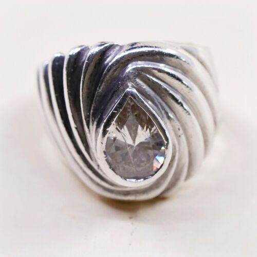 Sz 8.75, Sterling Ring, 925 Silver Statement Ring W/ teardrop CZ, Silver Tested