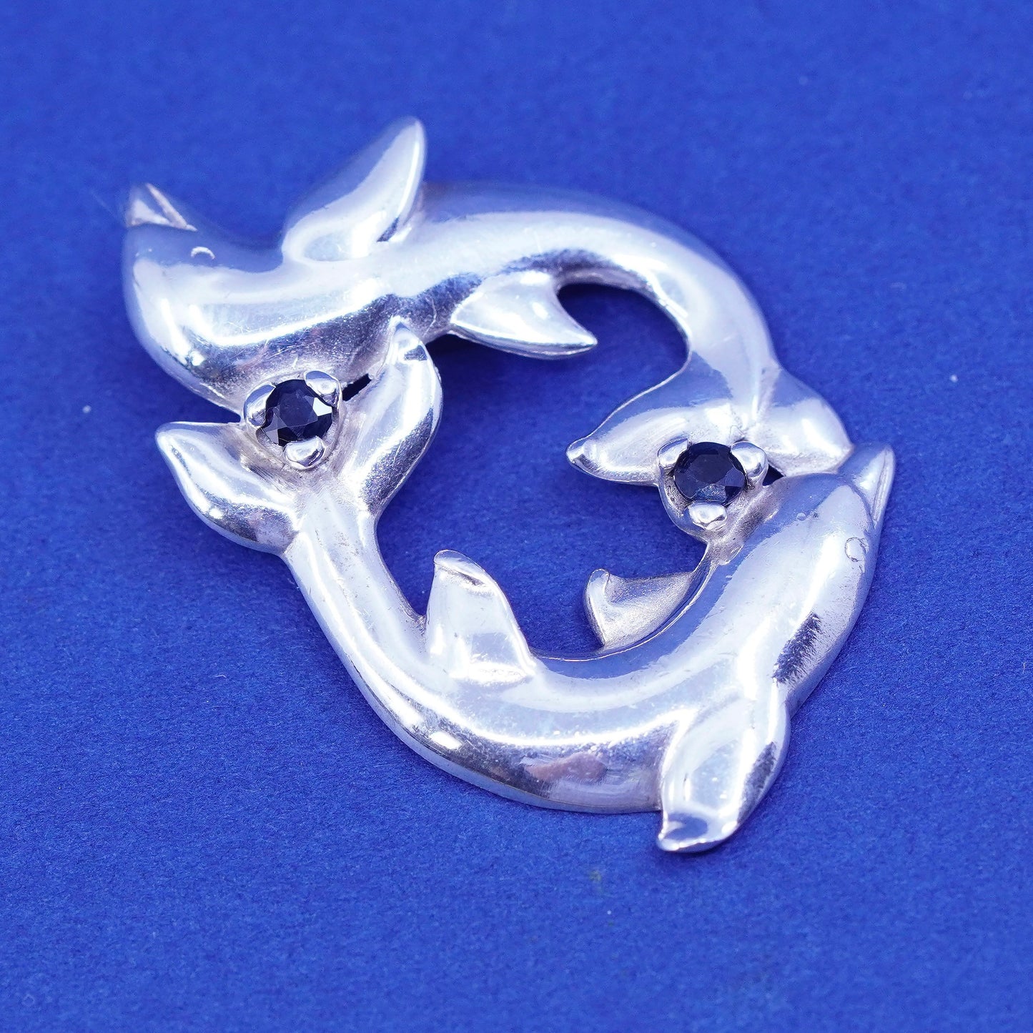 Vintage 1985 Gorham Herald handmade sterling 925 silver dolphins with sapphire
