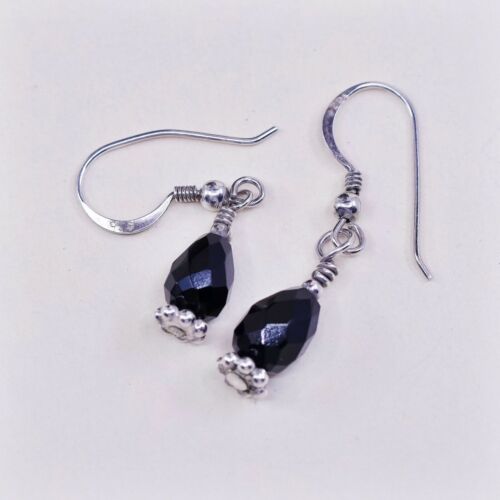 Vtg Southwestern Sterling 925 Silver Handmade Earrings W/ Obsidian Bead