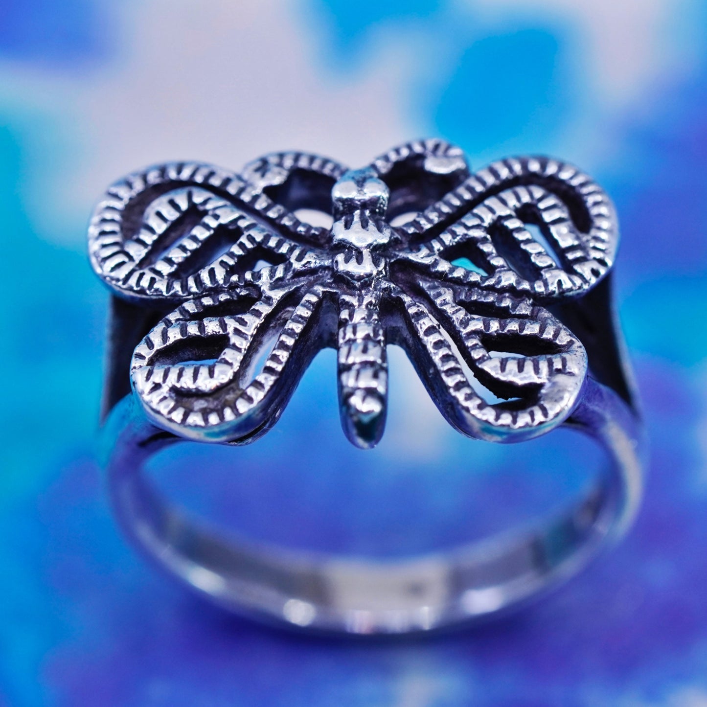 Size 7, vintage sterling silver handmade ring, 925 filigree butterfly band