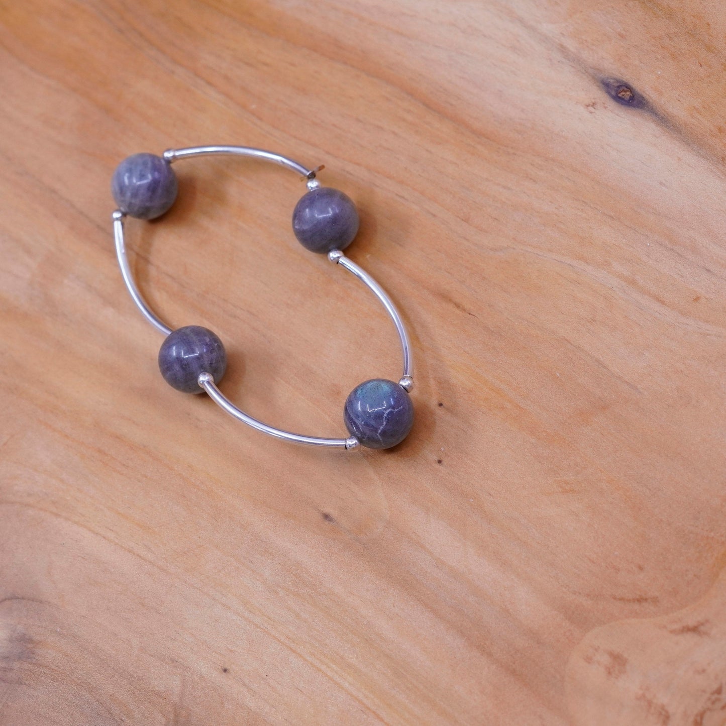 6.5”, Sterling 925 silver handmade DNA bracelet, elastic band labradorite beads