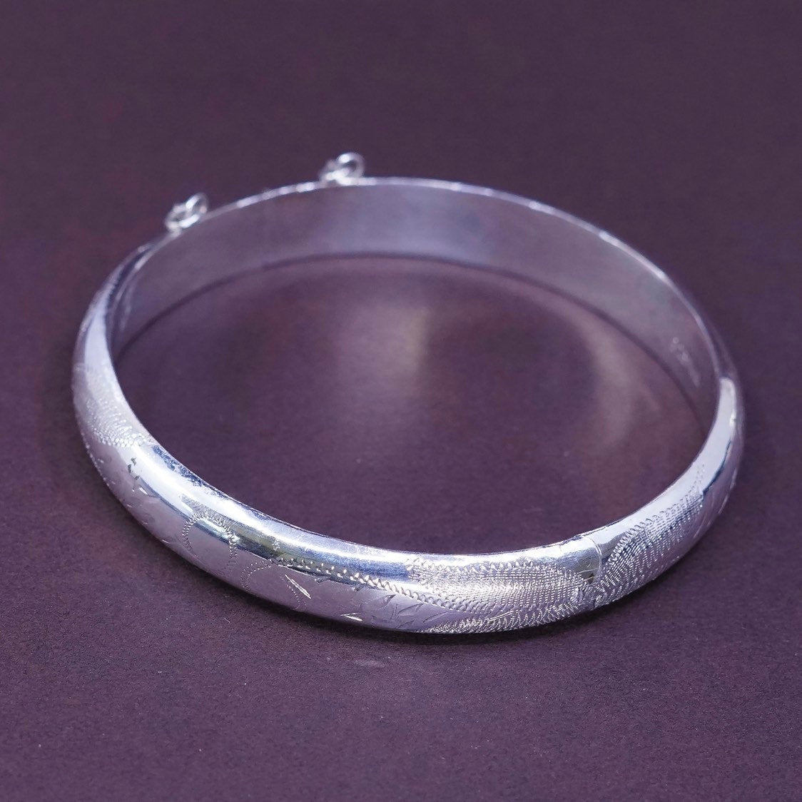 7.25", vtg Sterling silver handmade bracelet, 925 hinged bangle w/ secure chain