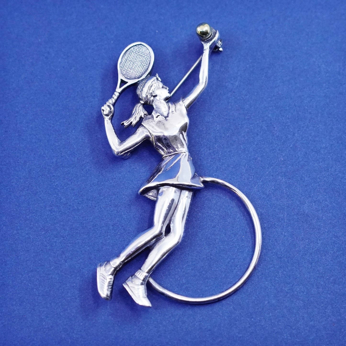 ancient Sterling 925 silver handmade tennis girl pin brooch with 14K Gold ball