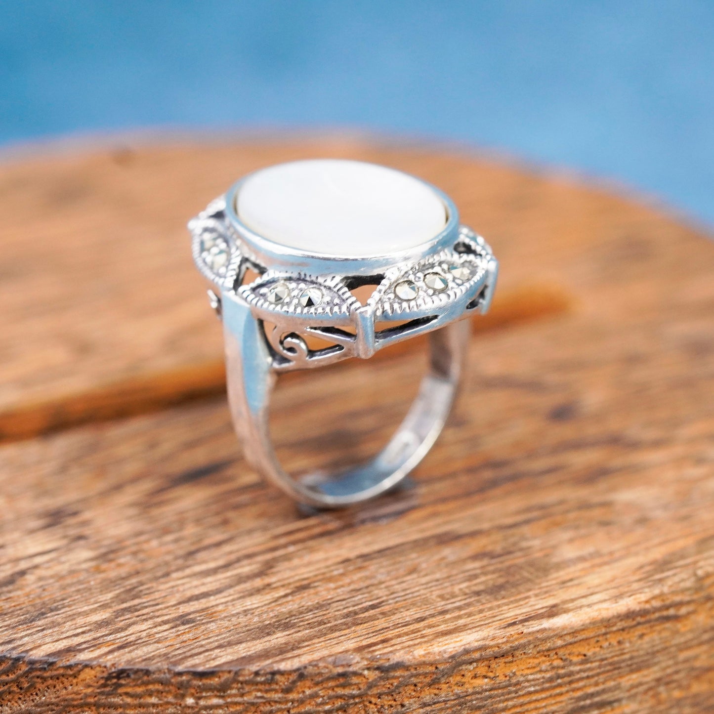 Size 6.5, sterling 925 silver handmade ring with mother of pearl and marcasite