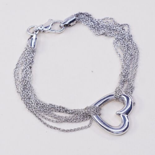 7”, Vtg Sterling Silver Bracelet Multi Strands 925 Circle Chain W/ Heart Charm