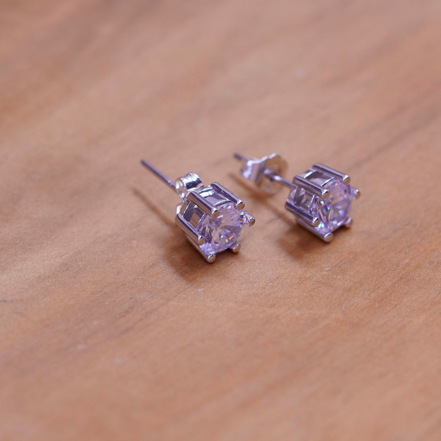 6mm, vintage Sterling silver clear round crystal studs, cz earrings