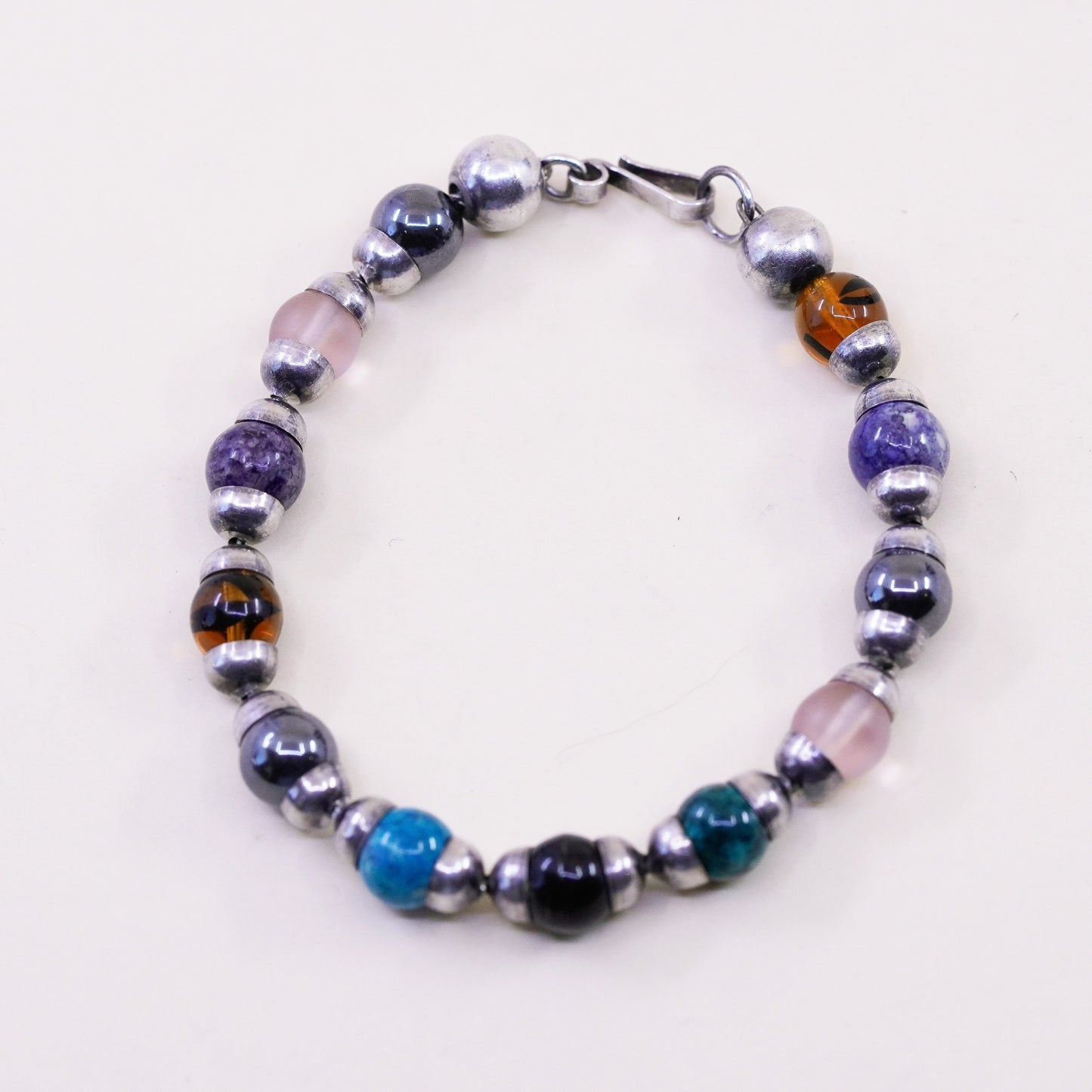 6.75”, Mexico Sterling 925 silver bracelet onyx sodalite jasper hematite amber