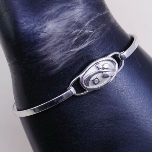 7”, Sterling 925 Silver Handmade Bracelet, Hinged Bangle Embossed Leaf N Diamond