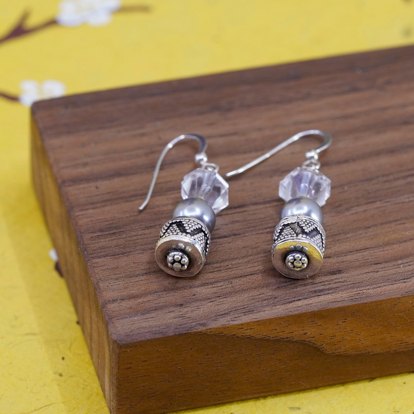 Vintage sterling silver handmade earrings, 925 Bali beads with pearl crystal
