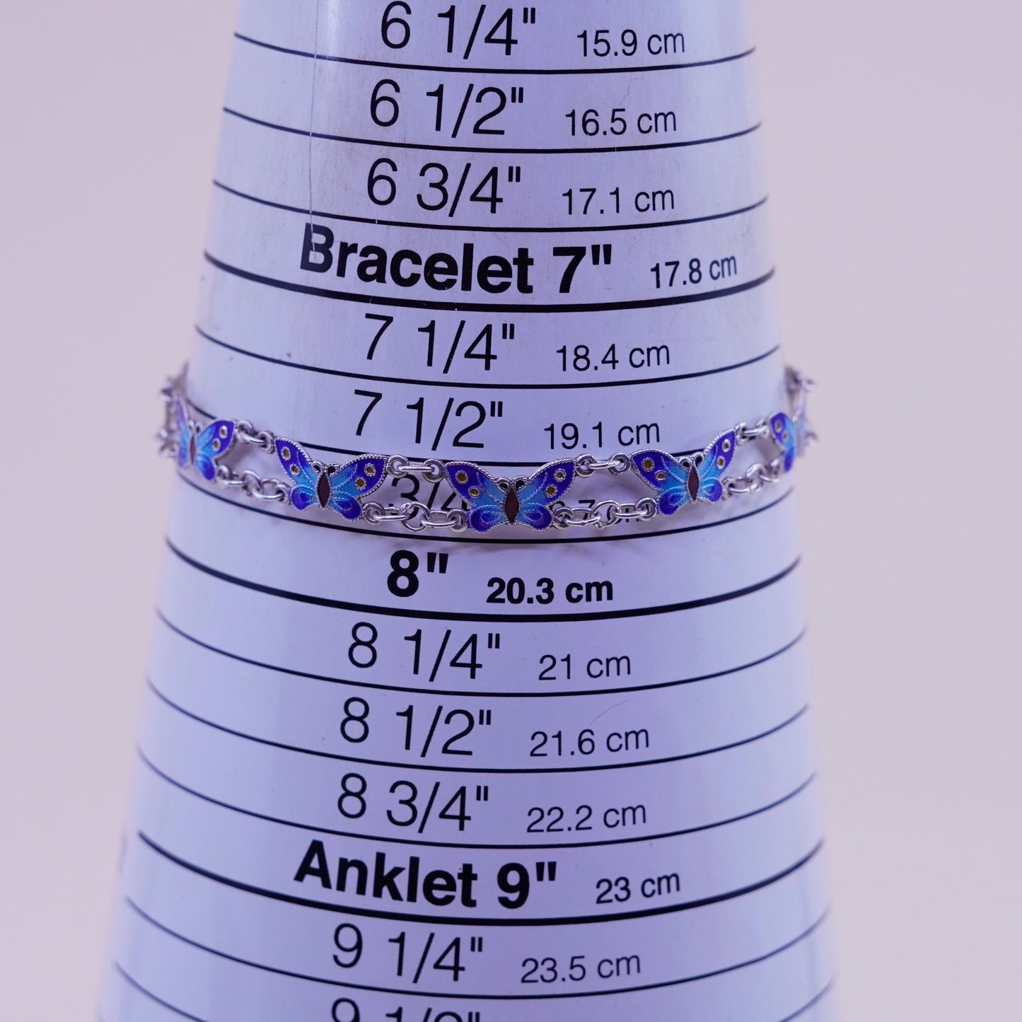 7.75” mexico handmade sterling 925 silver tennis bracelet blue enamel butterfly