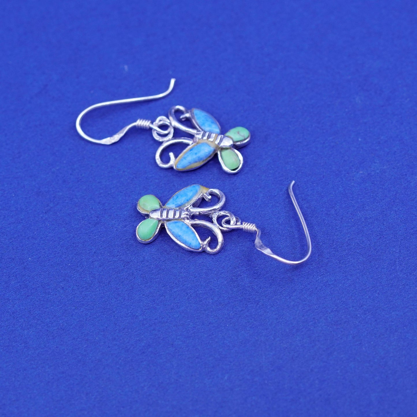 Vintage Sterling silver handmade dangles, 925 butterfly earrings with turquoise