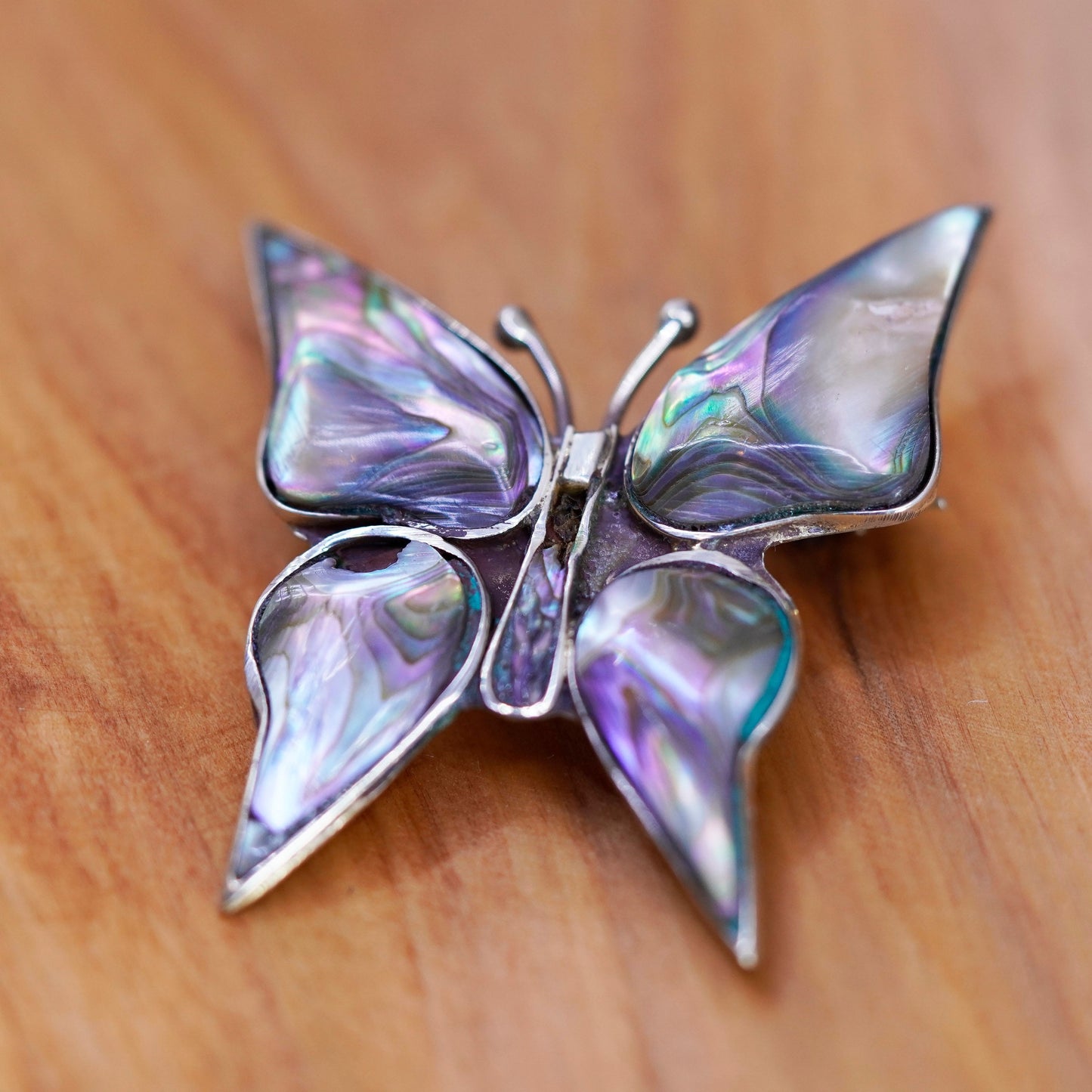 Vintage antique Mexico alpaca silver butterfly brooch with abalone inlay