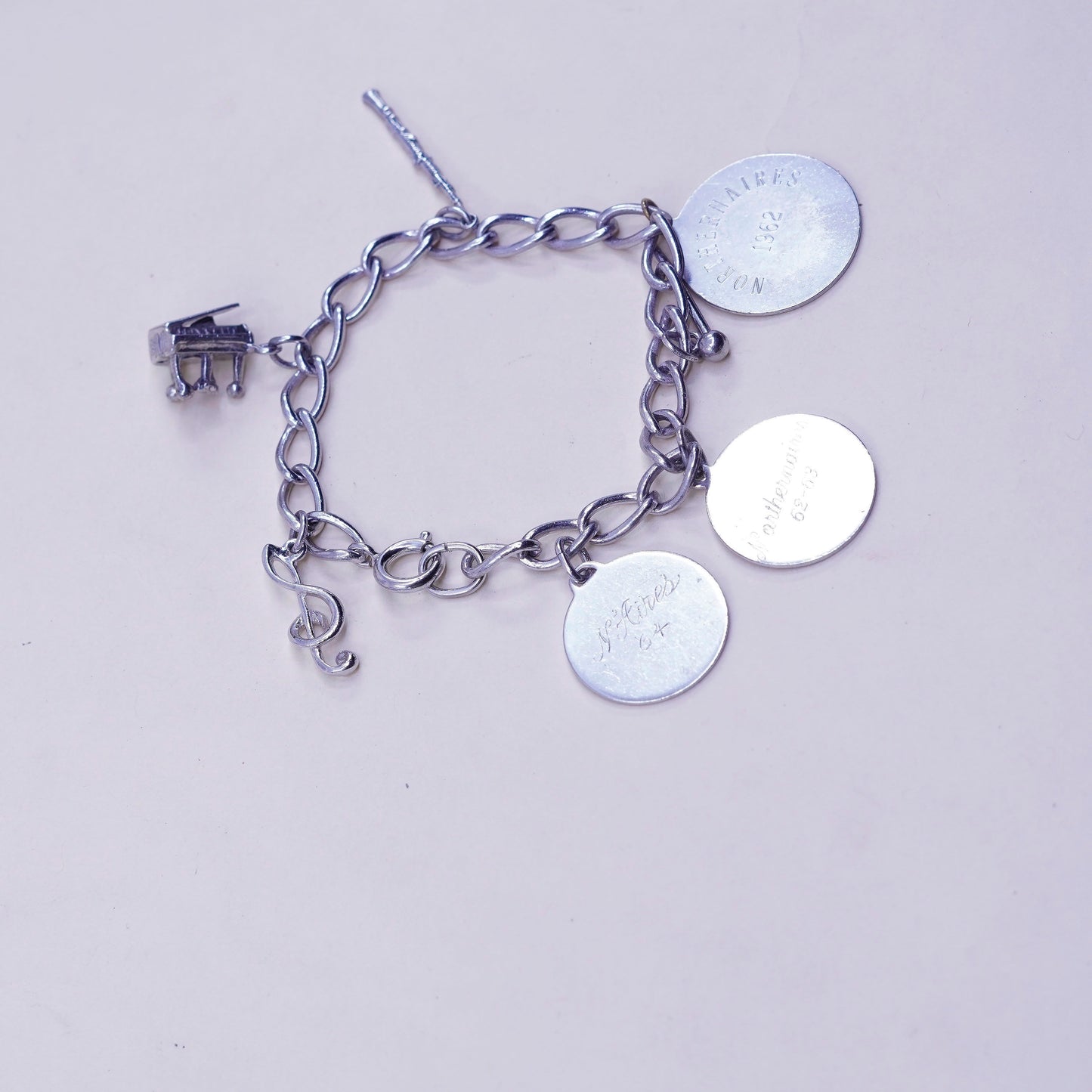 6.75”, sterling silver bracelet, 925 circle chain tag piano music charms