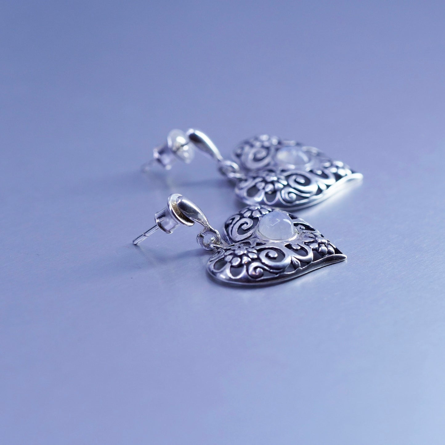 Vintage Sterling 925 silver handmade filigree heart earrings with moonstone