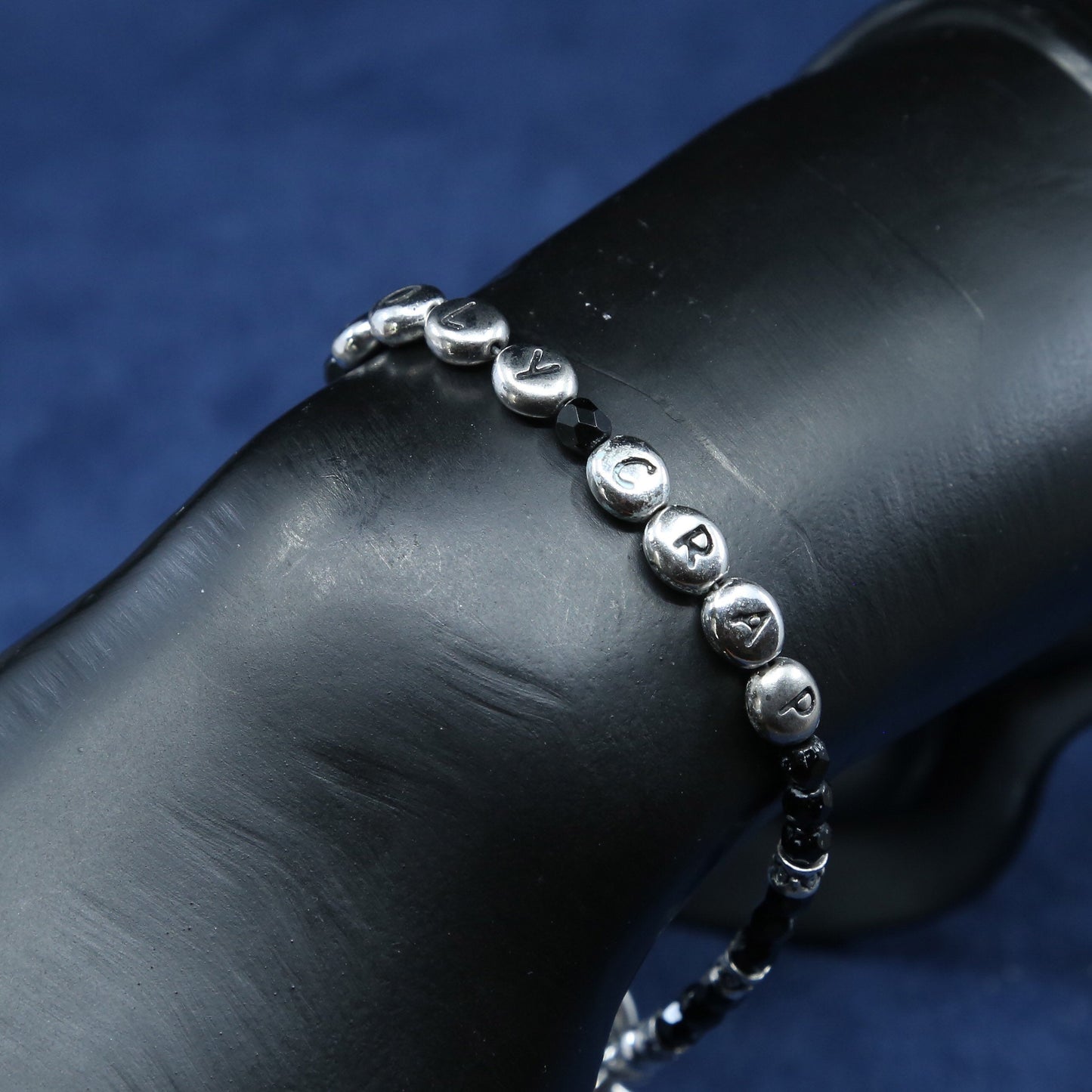 7”, vtg sterling 925 silver handmade bracelet “holy crap” w/ obsidian beads