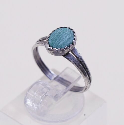 Sz 4.75, Vtg Sterling Silver Handmade Ring, 925 Silver Band W Malachite Inlay