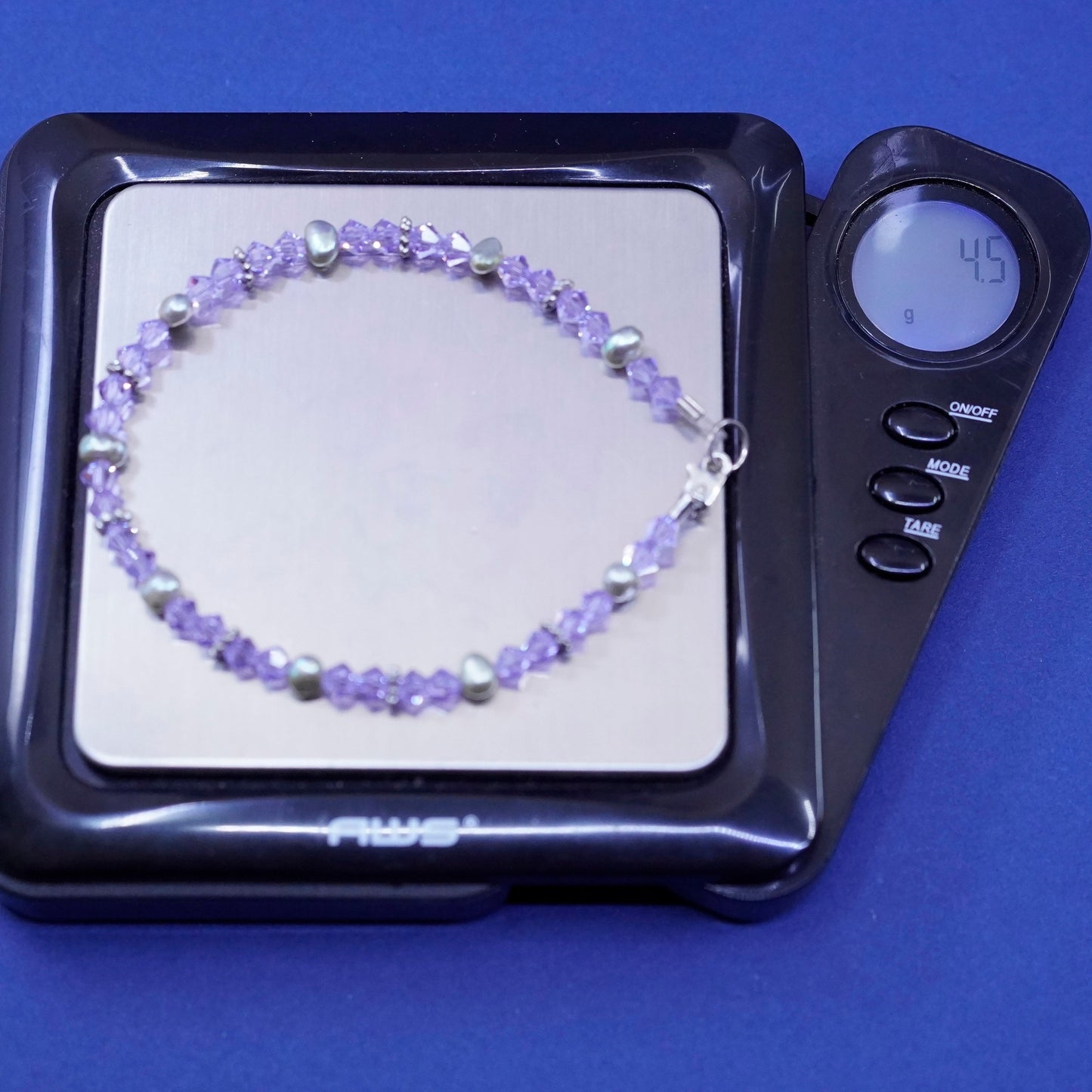 7.25”, vintage sterling 925 silver handmade bracelet with purple crystal beads