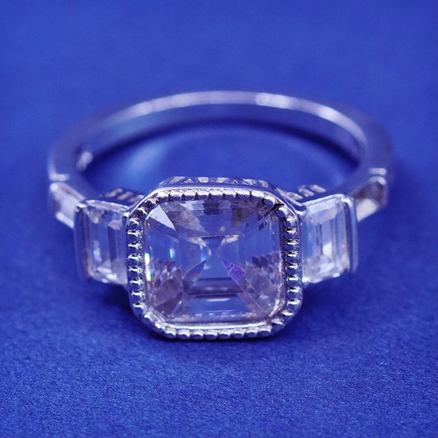 Size 7, vintage Sterling 925 silver engagement anniversary ring with square Cz