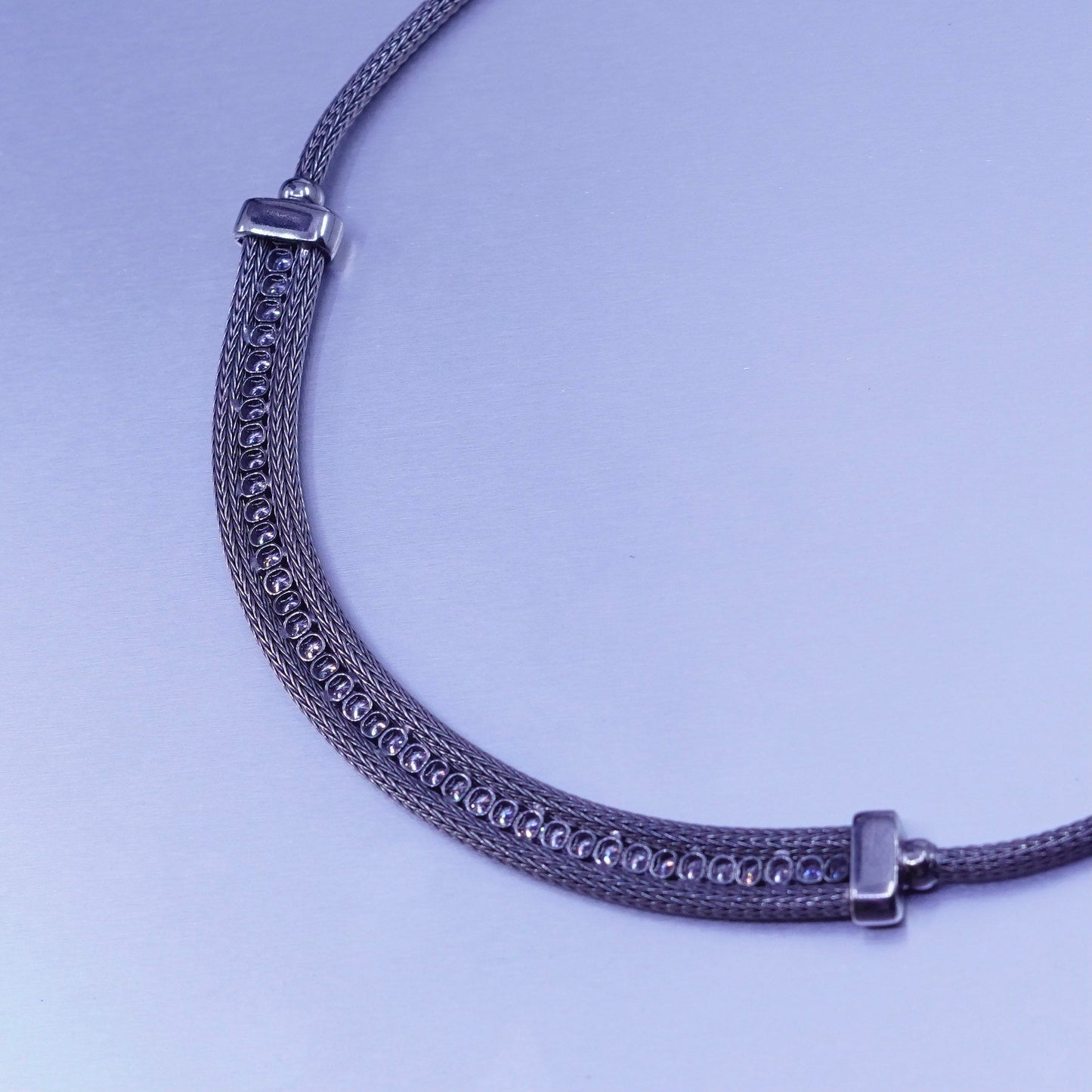 18”, Italy oxidized Sterling 925 silver bold wheat chain bar pendant cz