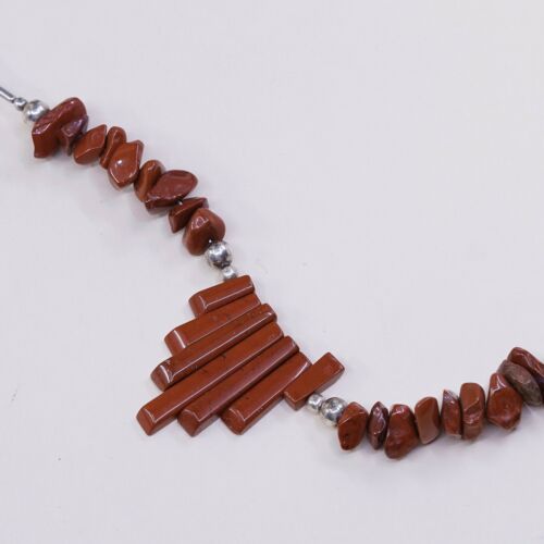 20”, Native American Sterling silver Bar Link necklace W/ Coral Long Bar Pendant