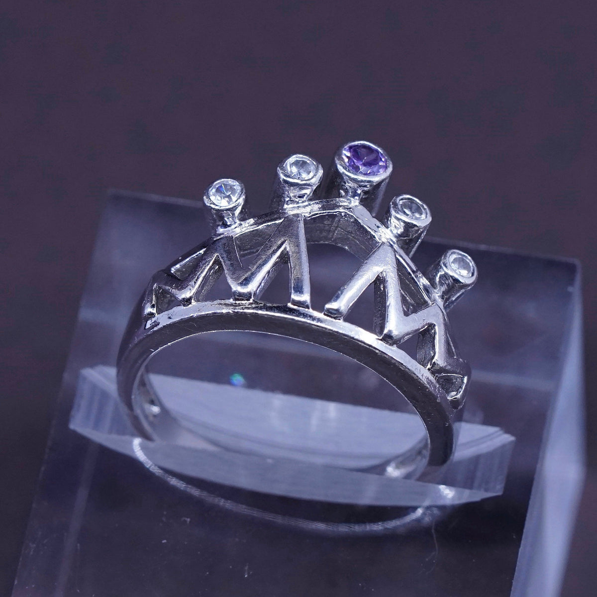 Size 7.75, Vintage Sterling 925 silver handmade crown Ring w/ amethyst and Cz