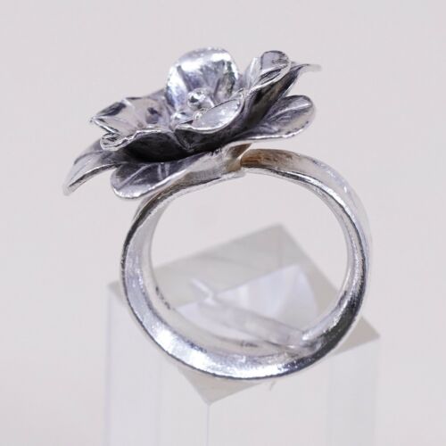 Sz 6.5, Vtg Statement Cocktail Handmade Sterling Silver Flower Ring, Stamped 925