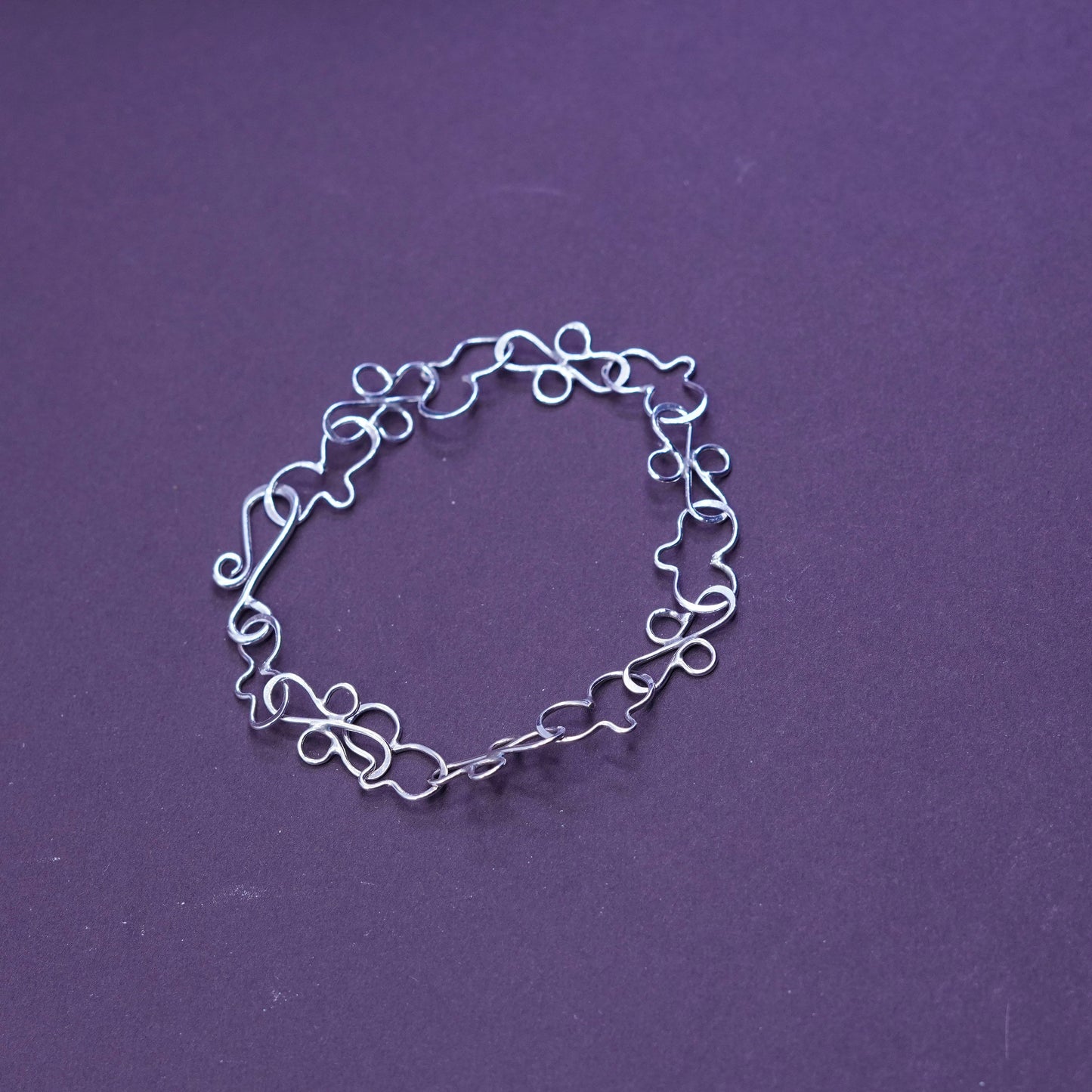 7”, vintage Sterling 925 silver handmade wired circle chain bracelet