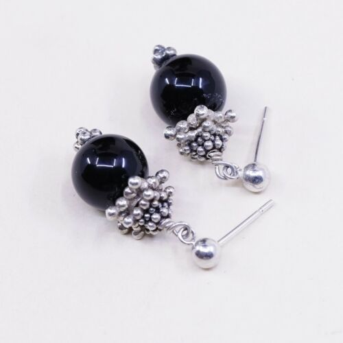 Vintage Sterling Silver Handmade Earrings, 925 Dangles W/ Obsidian N Besds