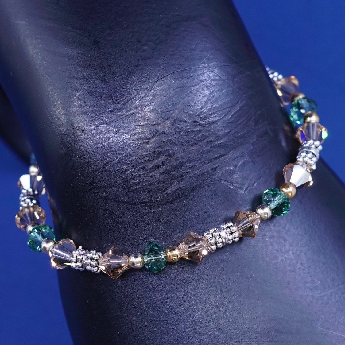 6.75”, Two Tone sterling silver handmade bracelet 925 w/ small 14K yellow beads