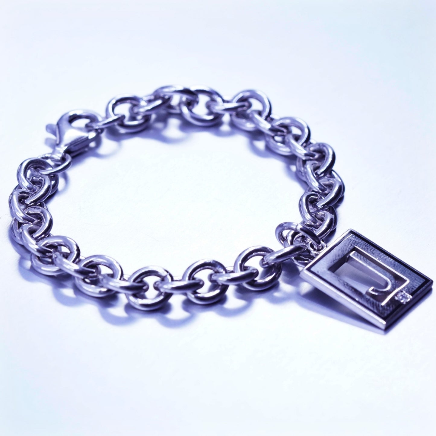 6.75”, Sterling silver bracelet, 925 bold circle chain with initial “J” charm