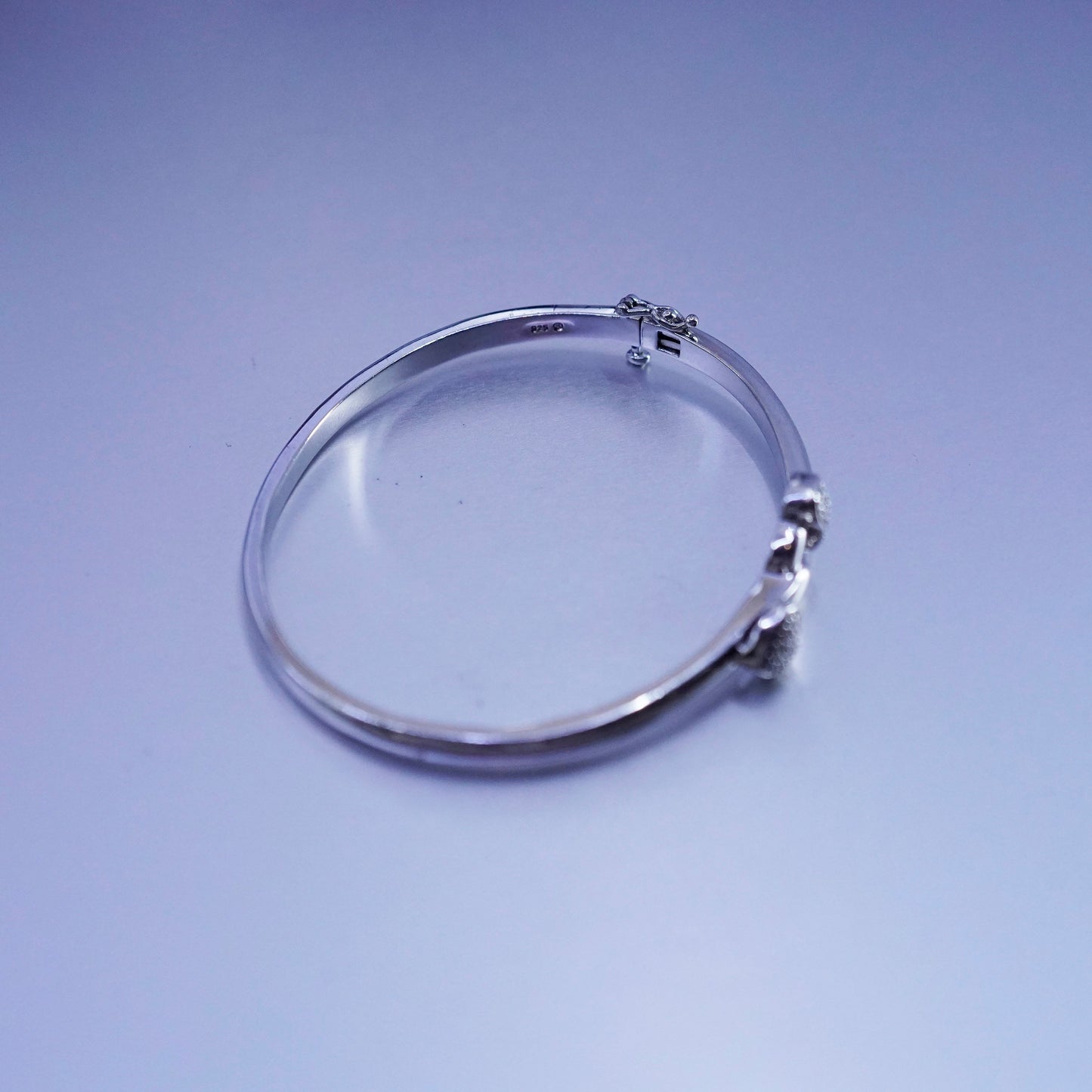 7”, Vintage Sterling 925 silver handmade bracelet, hinged bangle diamond heart