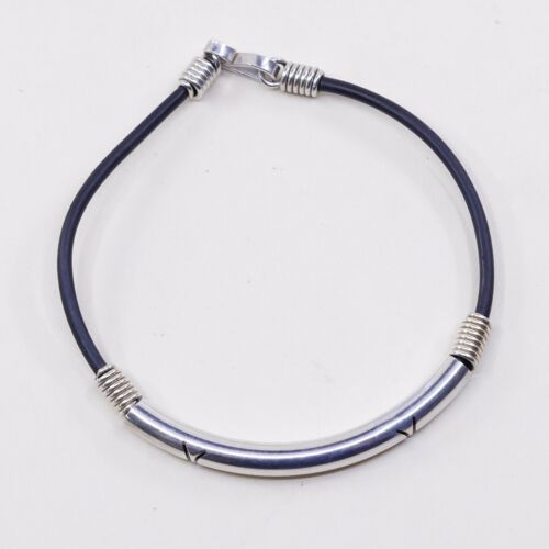 7.5” Vtg Mexico Black Rubber Handmade Bracelet W/ Sterling 925 Silver Slide Bar