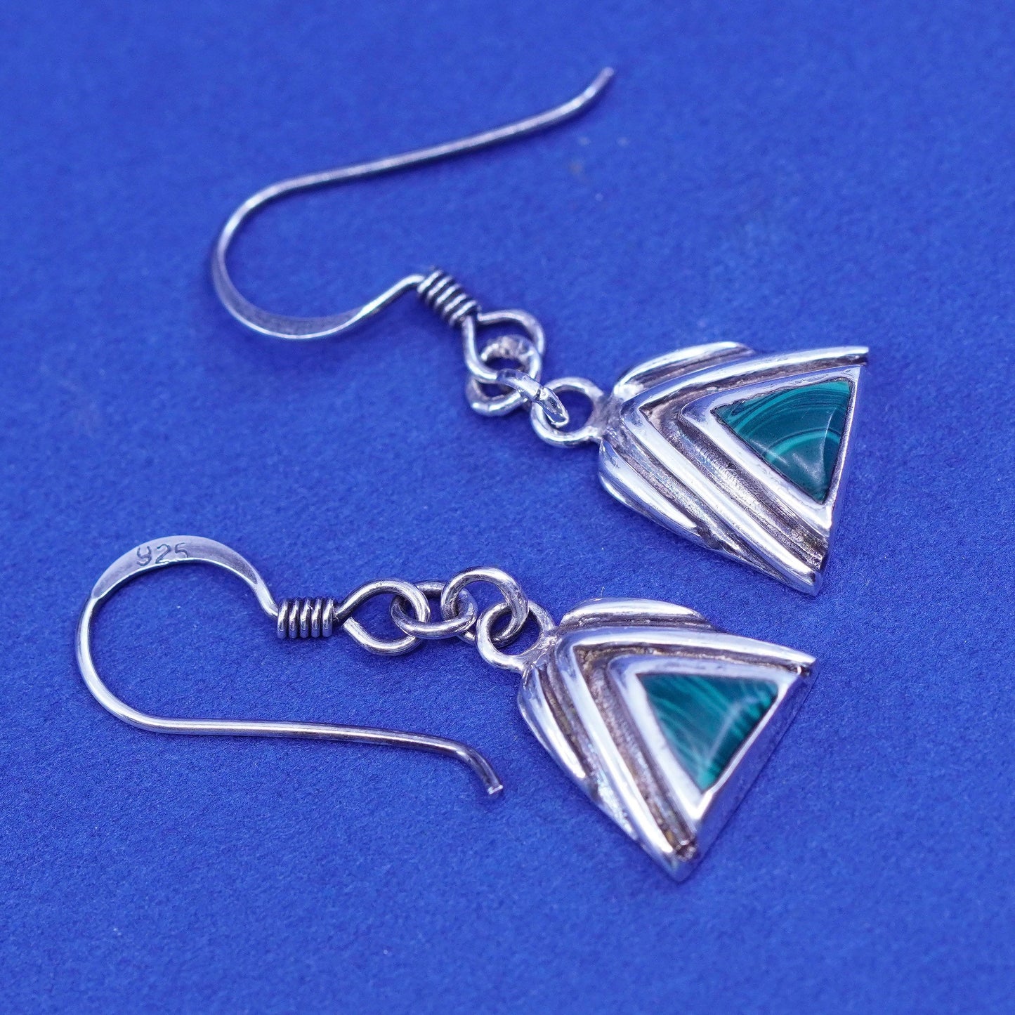southwestern sterling 925 silver handmade triangular earrings with malachite